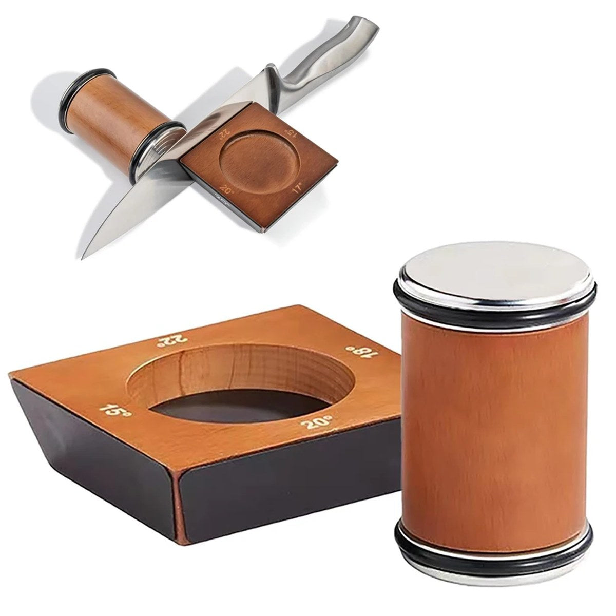Coltello appoggiato sulla base in legno dell'affilacoltelli a rullo