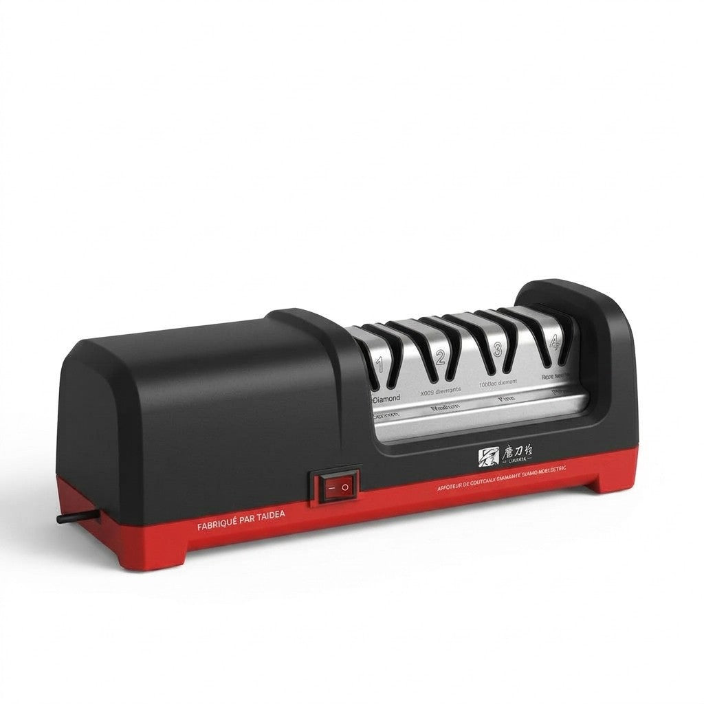Affilacoltelli elettrico a 4 fasi nero e rosso con mole diamantate