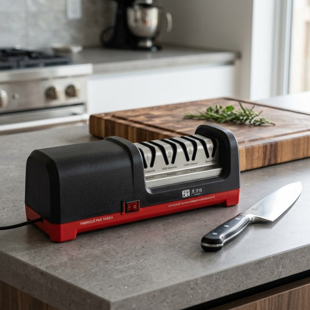 Affilacoltelli elettrico a 4 fasi su un piano di lavoro della cucina